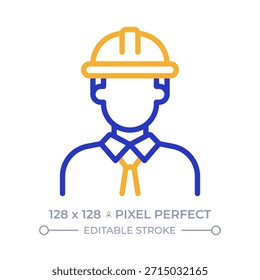 Ingeniero píxel perfecto icono de línea de dos colores. Hombre contratista con casco. Gerente de construcción. Símbolo de contorno bicolor de la industria de la construcción. Pictograma lineal duotono. Ilustración aislada. Trazo editable