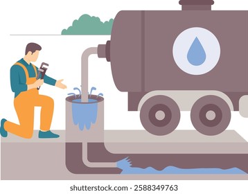 Engineer pointing to Underground pipes damage with visible leakage concept Water supply Tanker filling cistern vector design, plumbing worker banner Handyman Service scene HVAC technician illustration