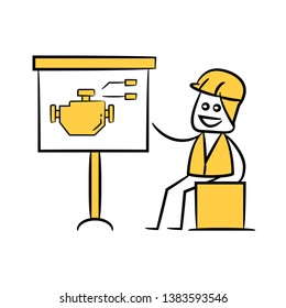 engineer present engine in white board, doodle stick figure design