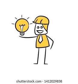 engineer present idea bulb icon stick figure yellow theme