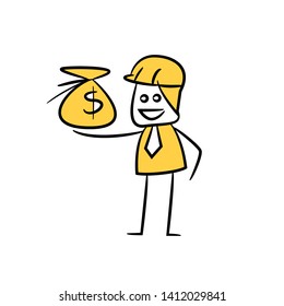 engineer present money sack icon stick figure yellow theme