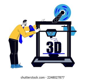 Engineer printing a three-dimensional object using 3d printer, flat vector illustration isolated on white backgrounds. 3D printing or additive manufacturing technology.