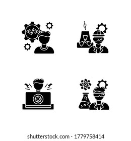 Engineer profession black glyph icons set on white space. Computer software developer. Nuclear production worker. Heavy manufacturing production. Silhouette symbols. Vector isolated illustration