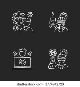 Engineer profession chalk white icons set on black background. Computer software developer. Nuclear production worker. Heavy manufacturing production. Isolated vector chalkboard illustrations