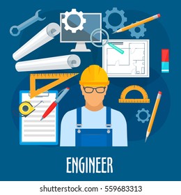 Engineer profession poster. Vector builder man in uniform with glasses and safety helmet with building engineering and constriction tools and items as ruler and tape measure, wrench, pencil and plan