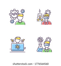 Engineer Profession RGB Color Icons Set. Computer Software Developer. Nuclear Production Worker. Stress Testing. Biomedical Specialist. Heavy Manufacturing Production. Isolated Vector Illustrations