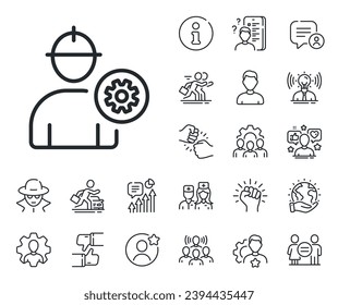 Engineer Profile with cogwheel sign. Specialist, doctor and job competition outline icons. Worker line icon. Male Person silhouette symbol. Engineer line sign. Vector