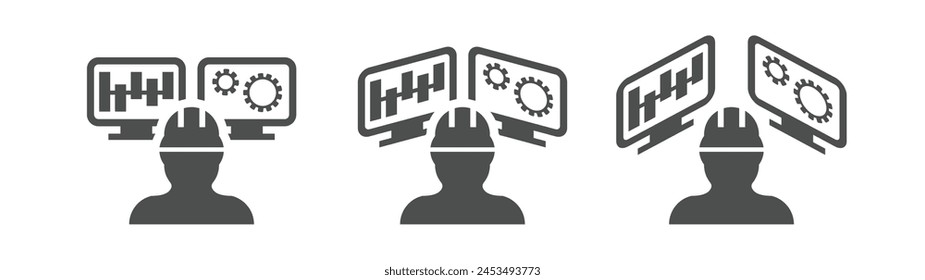 Engineer Project Management Concept with Industrial Worker Man Using Computer and Wearing Helmet icon. Vector.