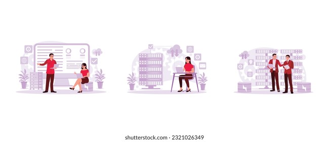 Engineer and project manager in the control system room. Female technician analyzing server. Business people are in a network server room. Trend Modern vector flat illustration.