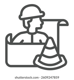 Engineer with projects and traffic cone line icon, making road concept. Vector graphics. Builder man with project plan sign on white background, outline style icon for mobile or web design