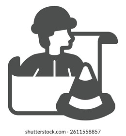 Engineer with projects and traffic cone solid icon, making road concept. Vector graphics. Builder man with project plan sign on white background, glyph style icon for mobile or web design