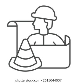 Engineer with projects and traffic cone thin line icon, making road concept. Vector graphics. Builder man with project plan sign on white background, outline style icon for mobile or web design