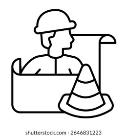 Engineer with projects and traffic cone thin line icon, making road concept. Vector graphics. Builder man with project plan sign on white background, style mobile or design