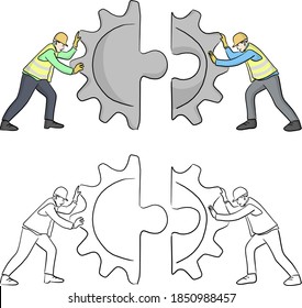 engineer put the geer jigsaw puzzle together vector illustration sketch doodle hand drawn with black lines isolated on white background. Teamwork concept.