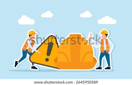 Engineer raising a warning gesture while another holds paperwork near safety helmet project illustration of awareness and implementation of workplace safety principles