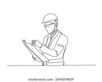 Engineer Reading Blueprint outline draw illustration. Continuous line art drawing of architect or engineer reading blueprint for construction. Editable stroke.
