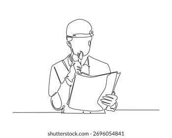 Ingeniero de lectura de la ilustración de dibujo de esquema. Dibujo de arte lineal continuo de un arquitecto o ingeniero leyendo un plan para la construcción. Trazo editable.