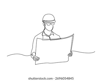 Ingeniero de lectura de la ilustración de dibujo de esquema. Dibujo de arte lineal continuo de un arquitecto o ingeniero leyendo un plan para la construcción. Trazo editable.