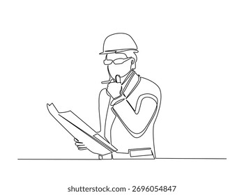 Ingeniero de lectura de la ilustración de dibujo de esquema. Dibujo de arte lineal continuo de un arquitecto o ingeniero leyendo un plan para la construcción. Trazo editable.