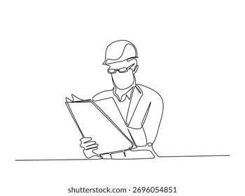 Engineer Reading Blueprint outline draw illustration. Continuous line art drawing of architect or engineer reading blueprint for construction. Editable stroke.