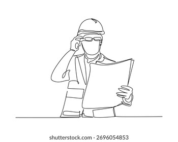 Engineer Reading Blueprint outline draw illustration. Continuous line art drawing of architect or engineer reading blueprint for construction. Editable stroke.