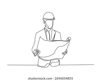 Ingeniero de lectura de la ilustración de dibujo de esquema. Dibujo de arte lineal continuo de un arquitecto o ingeniero leyendo un plan para la construcción. Trazo editable.