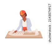 Engineer reading draft sketch vector illustration. Cartoon female construction worker standing with paper plan on table, contractor girl in helmet working isolated on white. Industry, job concept