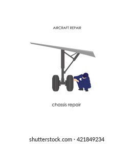 Engineer reconditioning chassis. Repair and maintenance aircraft. Vector illustration 