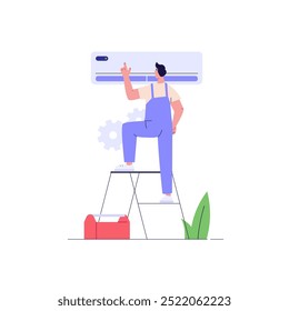 Engineer repairing air conditioner. Call master fixing air conditioning system. Technicians check the split system. Concept of air conditioning service, AC master, AC cleaning. Vector illustration