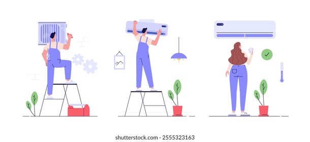 Engineer repairing air conditioner. Call master fixing air conditioning system. Woman controls air conditioner with wi-fi remote control at apartment. air conditioner set vector illustration