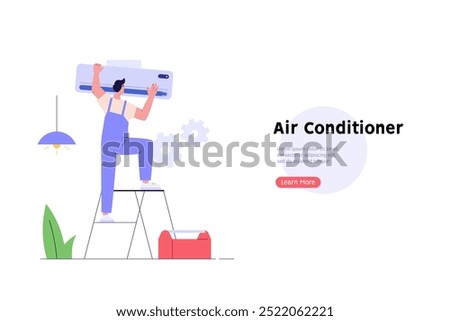 Engineer repairing air conditioner. Call master fixing air conditioning system. Technicians check the split system. Concept of air conditioning service, AC master, AC cleaning. Vector illustration