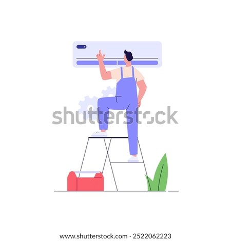 Engineer repairing air conditioner. Call master fixing air conditioning system. Technicians check the split system. Concept of air conditioning service, AC master, AC cleaning. Vector illustration