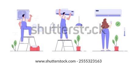 Engineer repairing air conditioner. Call master fixing air conditioning system. Woman controls air conditioner with wi-fi remote control at apartment. air conditioner set vector illustration