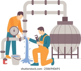 Engineer Repairing spherical Natural Gas Tank pipes concept, pipefitter dealing with marine piping system vector design, plumbing worker banner, Handyman Services scene, HVAC technician illustration