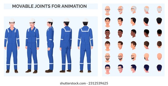 Ingeniero, reparador Paquete de Creación de Caracteres con un hombre que usa el azul general, y Casco de Seguridad, googles, mecánico de varias etnias y razas, plomero