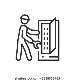 The engineer repairs and adjusts the equipment, linear icon. Line with editable stroke