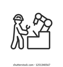 engineer repairs a robotic arm. equipment service. linear icon. Line with editable stroke