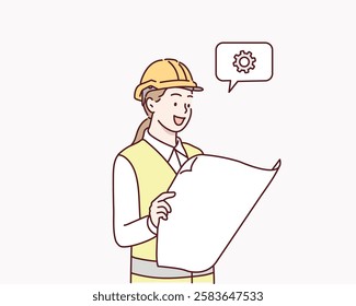 The engineer is reviewing the design drawings. Hand drawn style vector design illustrations.