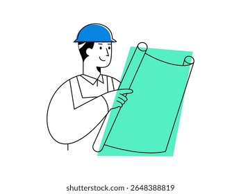 An engineer reviewing plans while wearing safety helmet, demonstrating focused construction planning and confident project management in architecture development - Powered by Shutterstock - Get 15% off with code: PIKWIZARD15