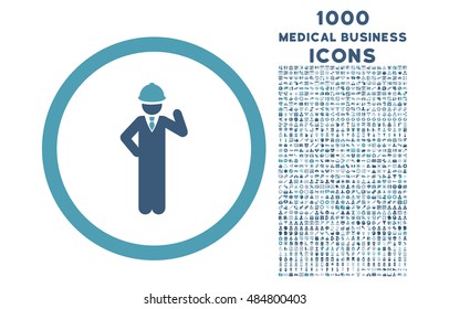 Engineer rounded vector bicolor icon with 1000 medical business icons. Set style is flat pictograms, cyan and blue colors, white background.