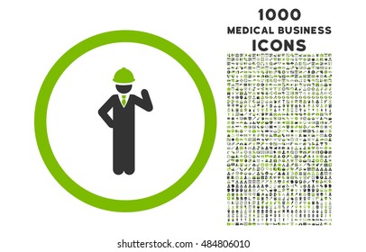Engineer rounded vector bicolor icon with 1000 medical business icons. Set style is flat pictograms, eco green and gray colors, white background.