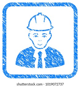 Engineer rubber seal stamp imitation. Icon vector symbol with grunge design and unclean texture in rounded frame. Scratched blue emblem on a white background.
