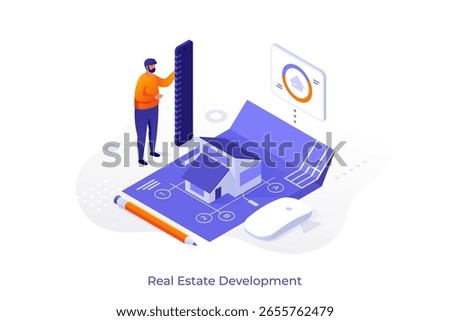 Engineer with ruler standing by house model and blueprint. Real estate development isometric vector illustration. Builder with suburban cottage plan cartoon character scene
