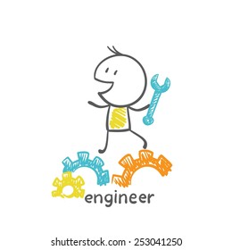 Engineer runs on cogs illustration