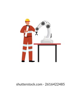 Engineer in safety gear operating industrial robotic arm at workstation, modern factory automation concept