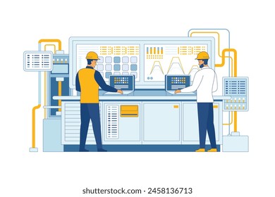 Ingenieur im Schutzhelm Hard Hat. Arbeiten in einer Industriefabrik. Ingenieur mit Überwachungssystem-Software. Digitale Produktion. Industrie 4.0 Moderne Thin Line Design Stil Vektorillustration