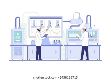 Engineer in safety helmet hard hat. Working at industrial factory. Engineer with monitoring system software. Digital production. Industry 4.0 Modern thin line design style vector illustration