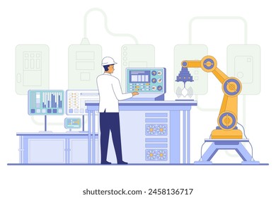 Ingeniero en casco de seguridad casco duro. Trabajando en una fábrica industrial. Ingeniero con software de sistema de monitoreo. Producción digital. Industria 4.0 Ilustración vectorial de estilo de diseño de línea fina moderna