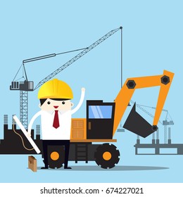 Engineer or Safety officer with the Wheel Dozer  machine is background in construction site.