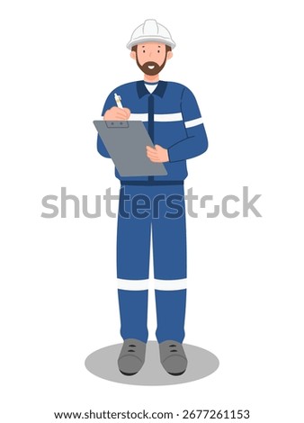 Engineer in safety uniform with hard hat writing on clipboard, construction inspection and project management illustration